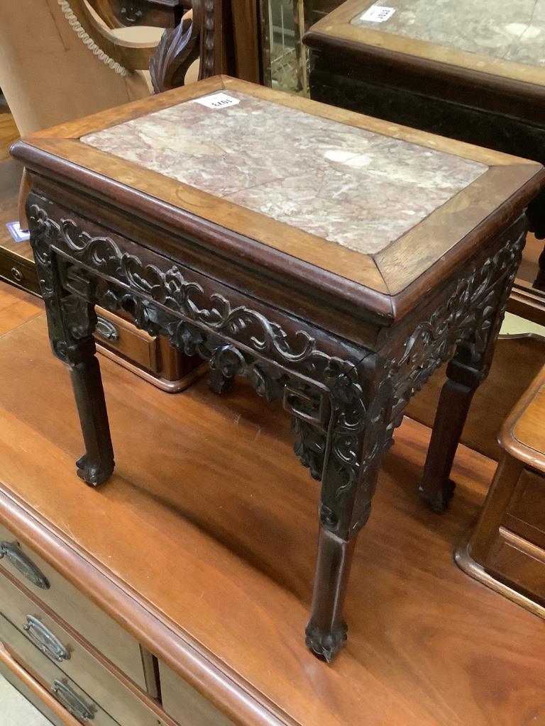 A late 19th century Chinese rectangular hardwood occasional table with cracked marble inset top, width 41cm depth 30cm